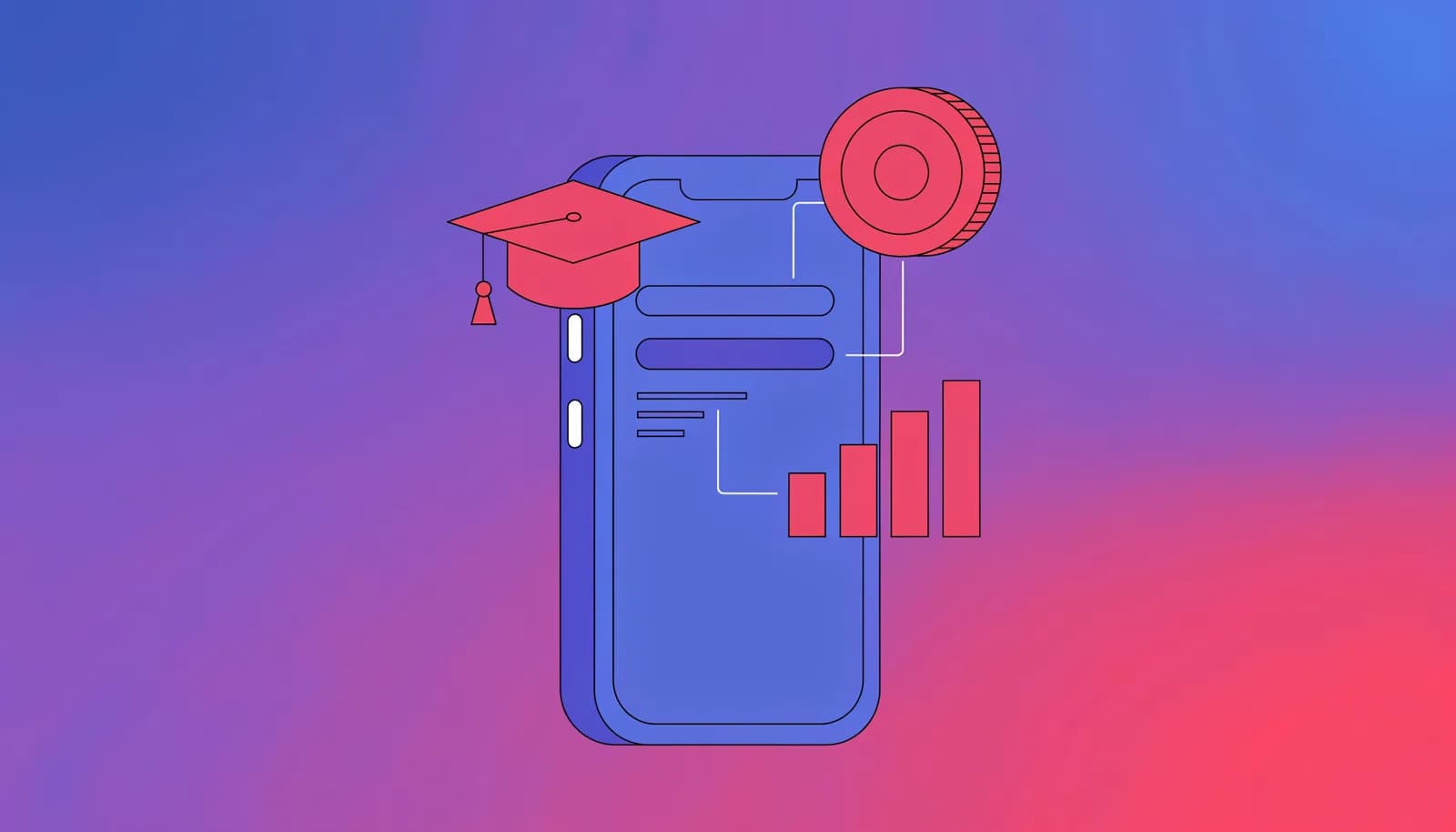 Ilustração de um celular com um ícone de graduação, um gráfico de barras e um símbolo de PIX conectados por linhas, representando um infoprodutor vendendo curso e mentoria no Telegram
