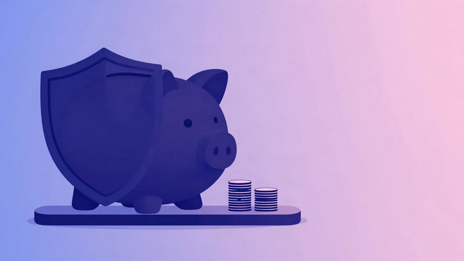 Ilustração de um cofre em formato de porquinho protegido por um escudo, ao lado de duas pilhas de moedas, em tons de índigo, violeta e rosa
