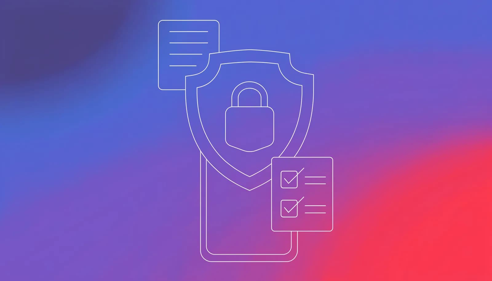Ilustração de um escudo com um símbolo de cadeado sobre um celular e ícones de documento e engrenagem, representando proteção de dados pessoais no comércio digital