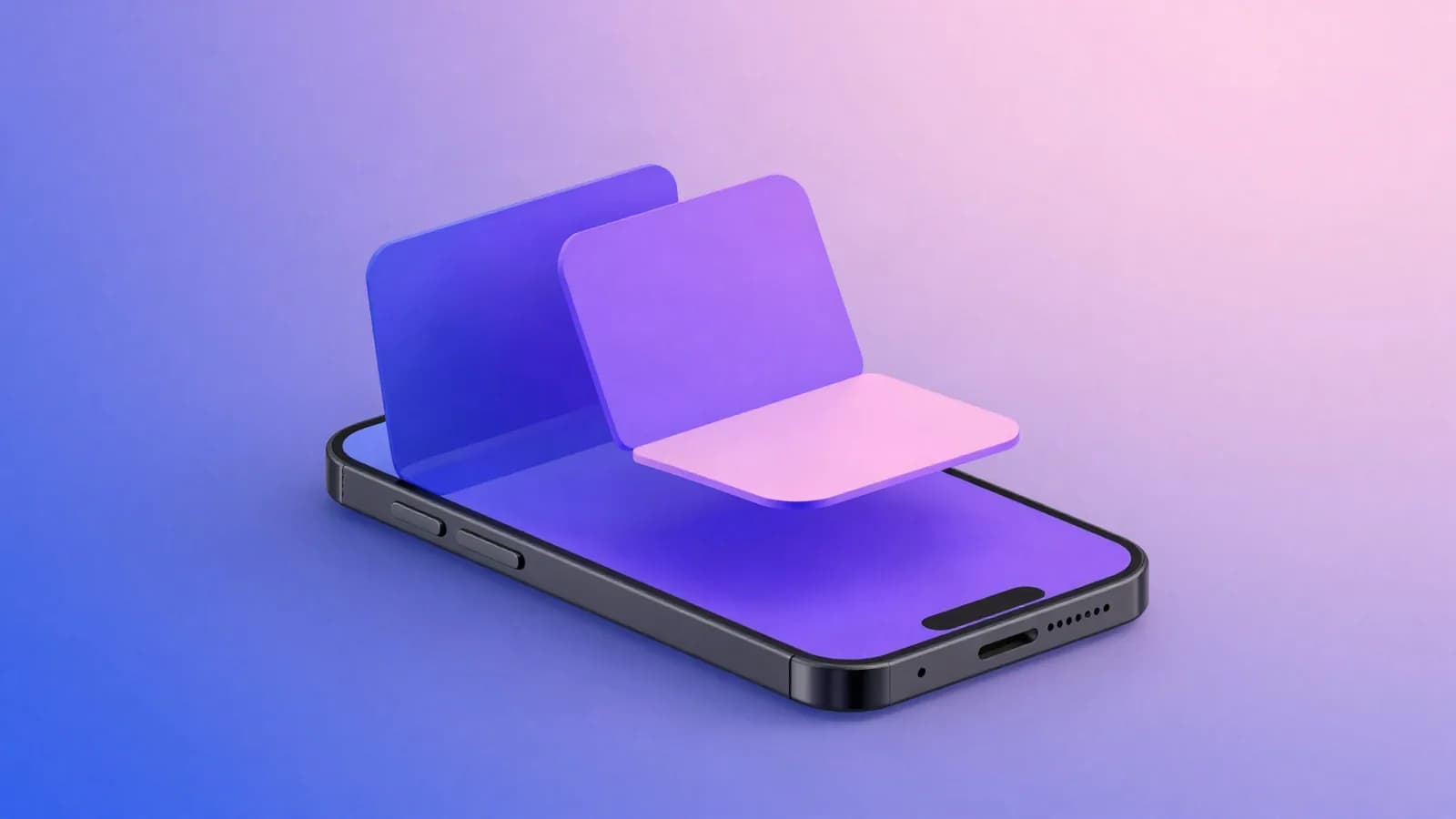 Ilustração de um celular com fichas em branco saindo da tela em direção a uma pasta aberta, em tons de índigo, violeta e rosa