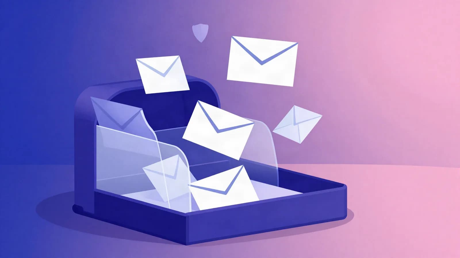 Ilustração de envelopes voando em direção a uma caixa de entrada com um filtro na frente, que deixa passar a maioria e segura alguns, em tons de índigo, violeta e rosa