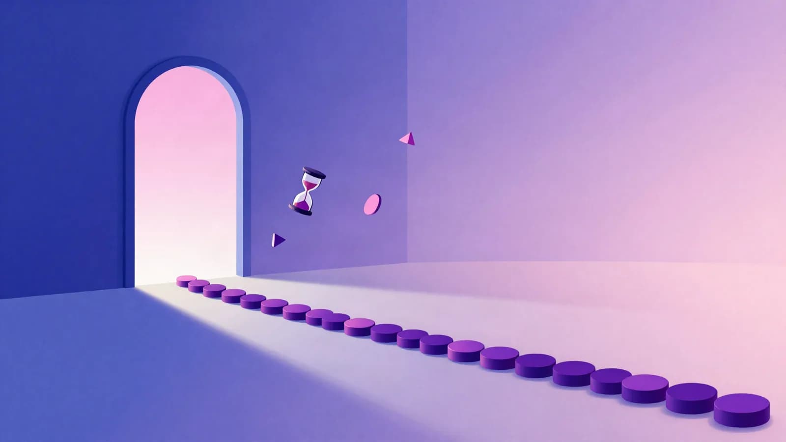 Ilustração de uma fila de peças arredondadas alinhadas em direção a uma porta em arco iluminada, com uma ampulheta flutuando ao lado