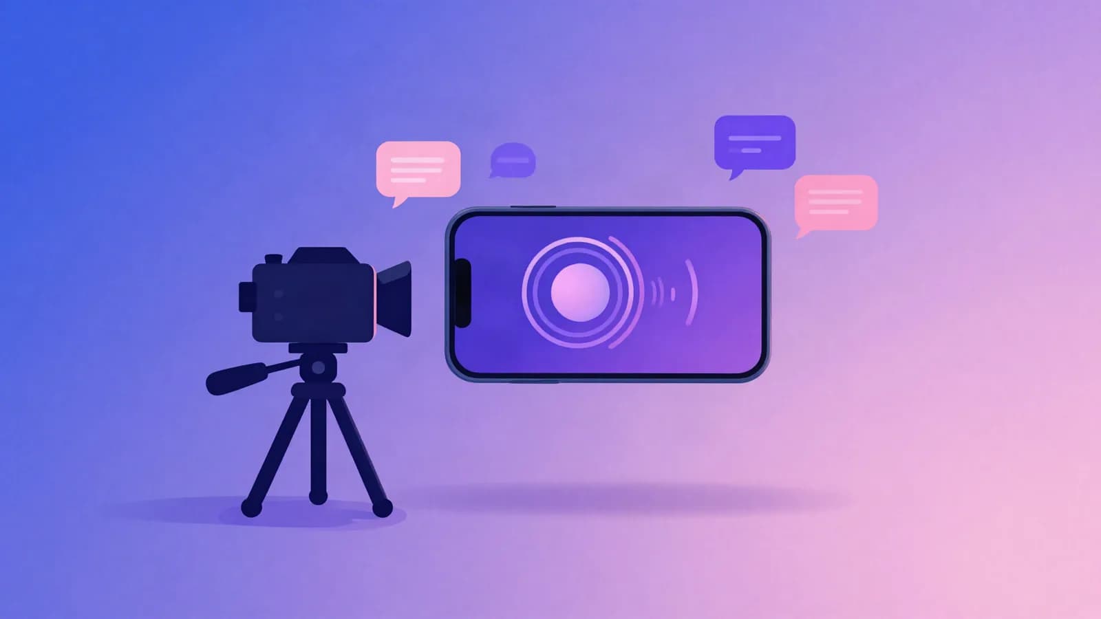 Ilustração de uma câmera de vídeo ligada ao lado de um celular com ícone de transmissão e de um relógio, em tons de índigo, violeta e rosa