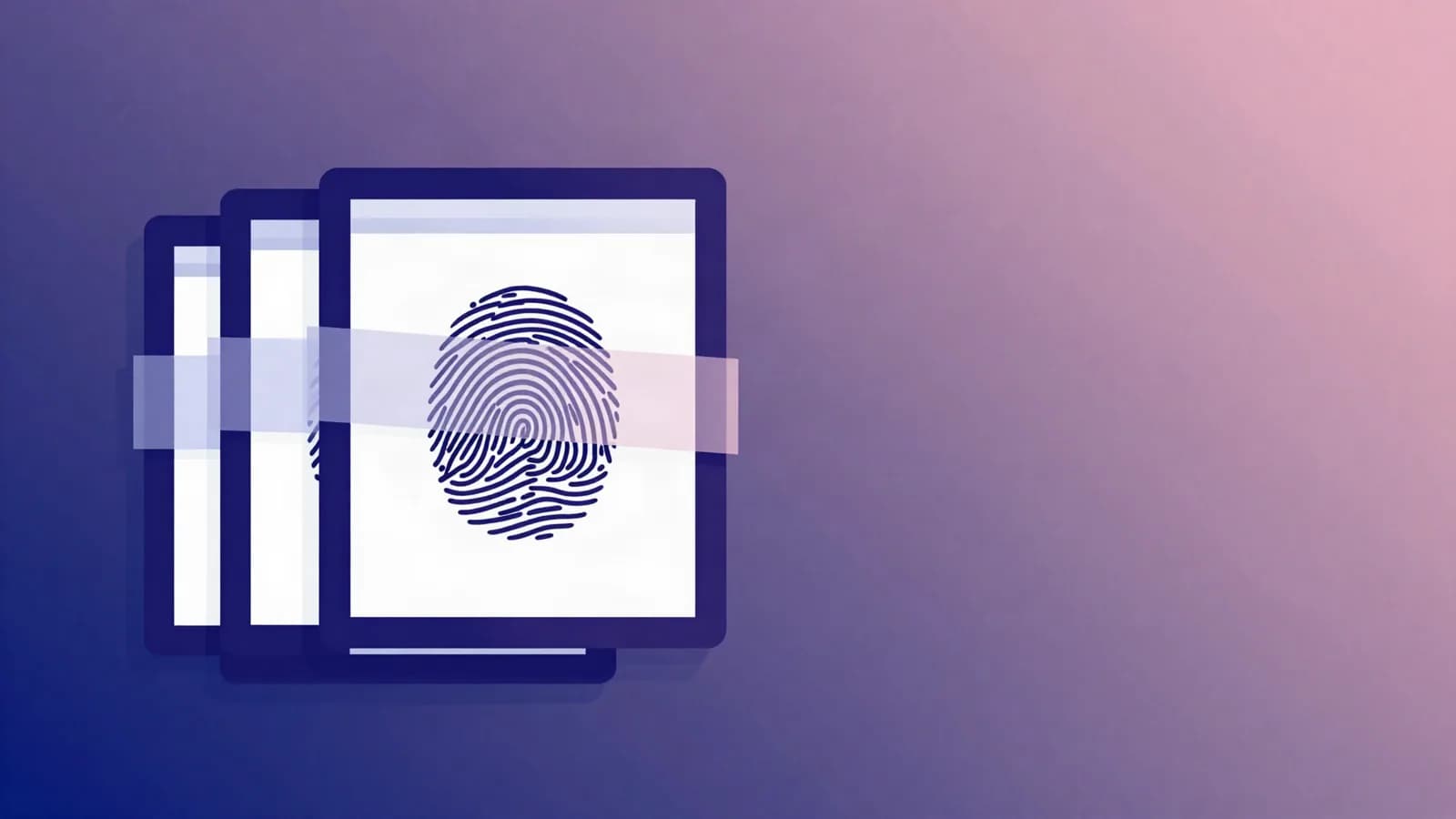 Ilustração de três molduras empilhadas com faixa diagonal e impressão digital em índigo, violeta e rosa