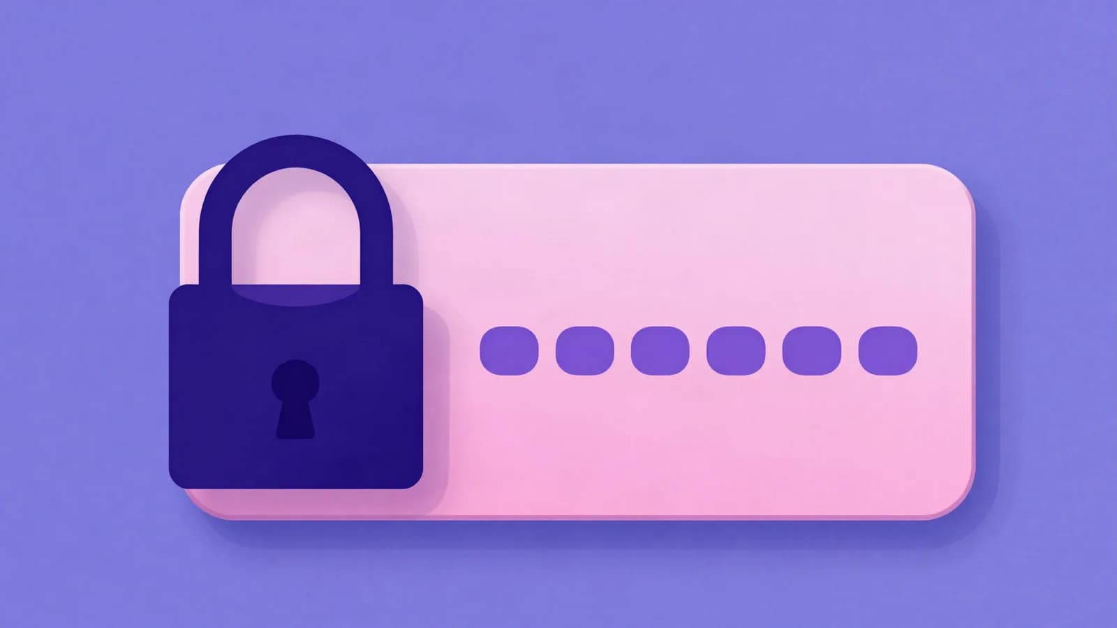Ilustração de um cadeado fechado sobre um cartão arredondado com uma fileira de pontos, em índigo, violeta e rosa