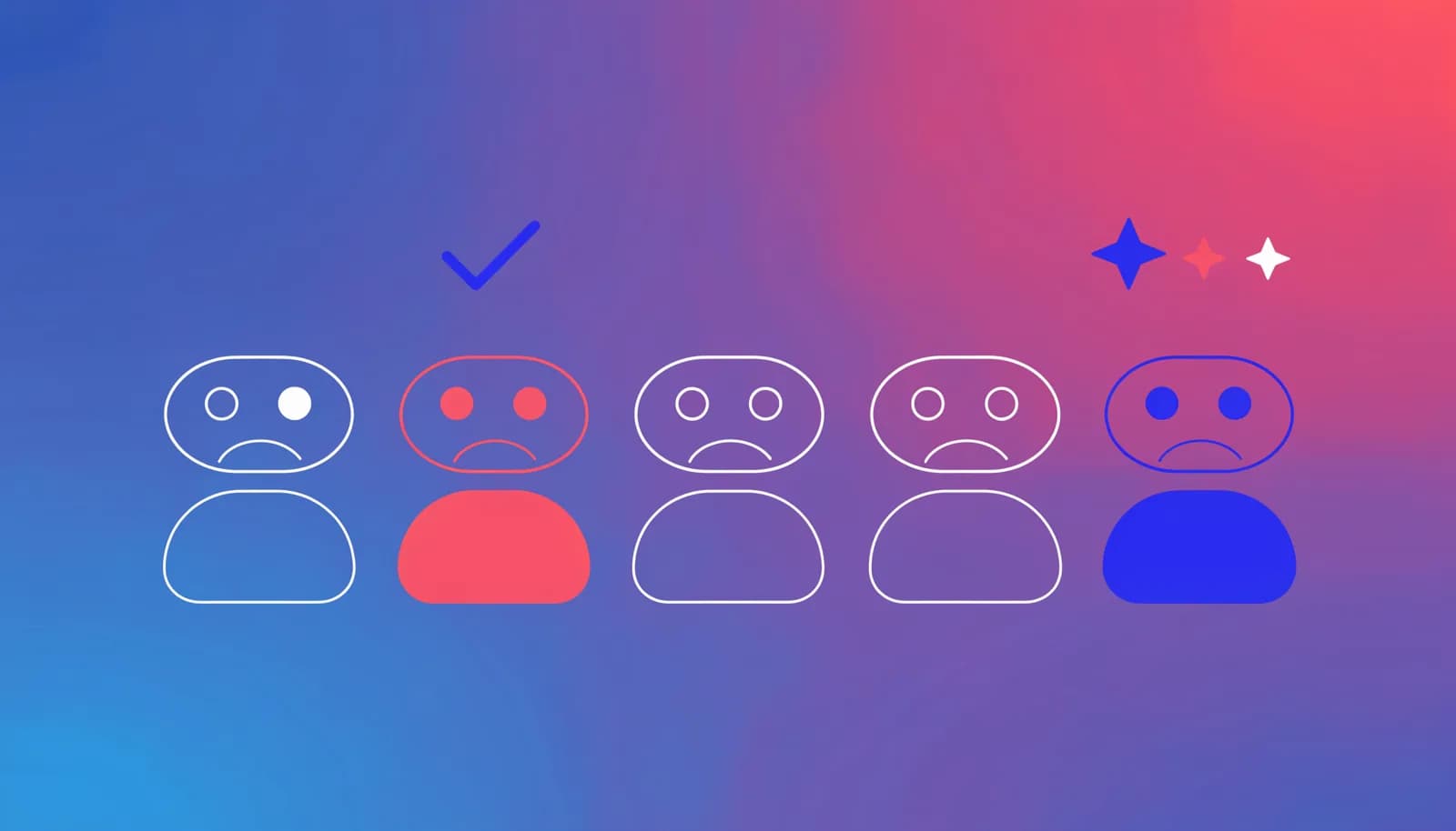 Ilustração de vários ícones de robô de chat enfileirados com símbolos de checagem e estrela acima, representando a comparação de bots de vendas por recurso