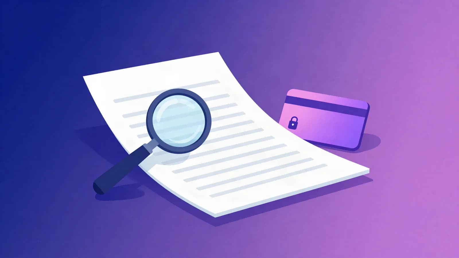 Ilustração de um contrato com lupa e cartão de pagamento em índigo, violeta e rosa