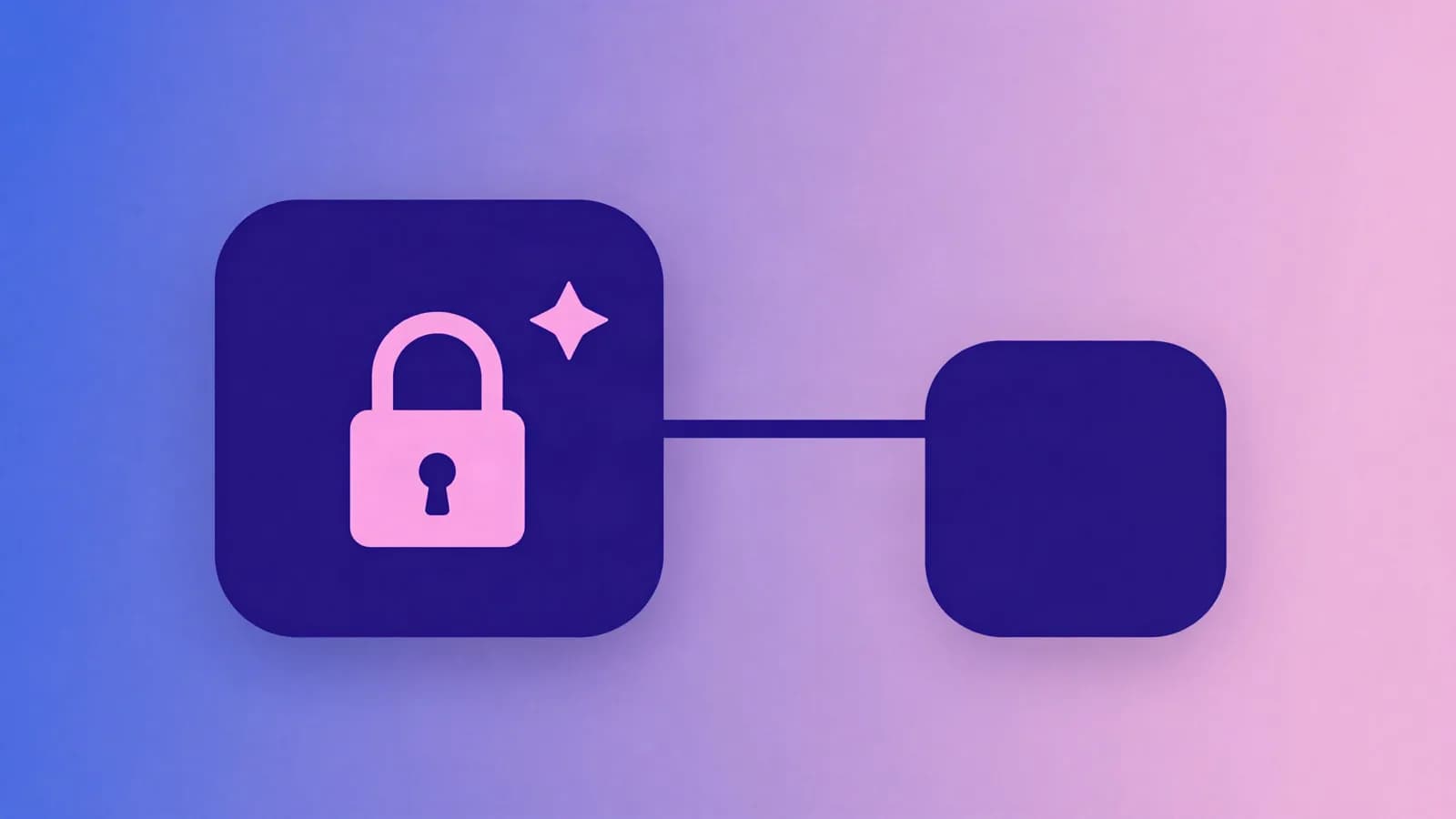 Ilustração de um cartão com um cadeado e uma estrela, ligado por uma linha a um segundo cartão vazio, em tons de índigo, violeta e rosa