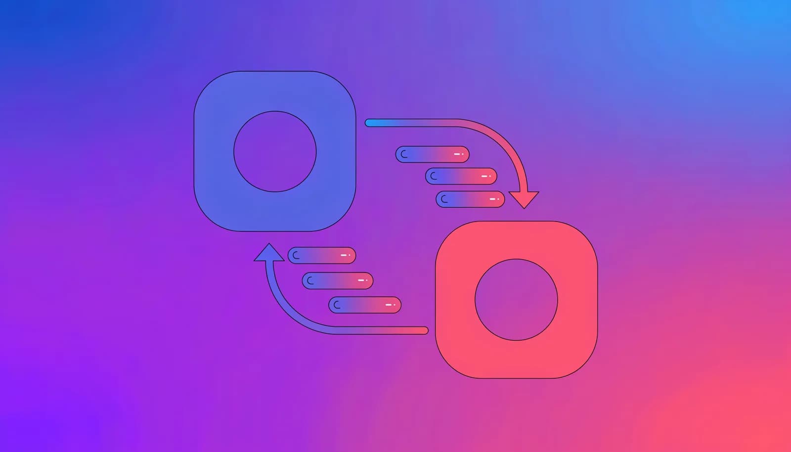 Ilustração de dois ícones de aplicativo conectados por uma seta curva, com pequenos balões de conversa migrando de um para o outro, representando a transição de plataforma para o Telegram