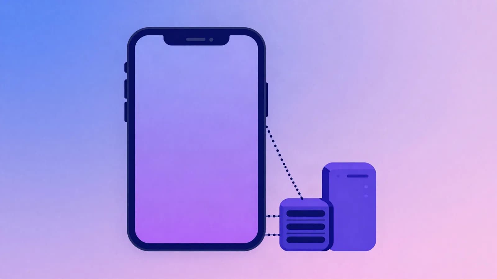 Ilustração de um celular com um painel flutuante à frente da tela, ligado por linha pontilhada a um bloco de servidor, em tons de índigo, violeta e rosa