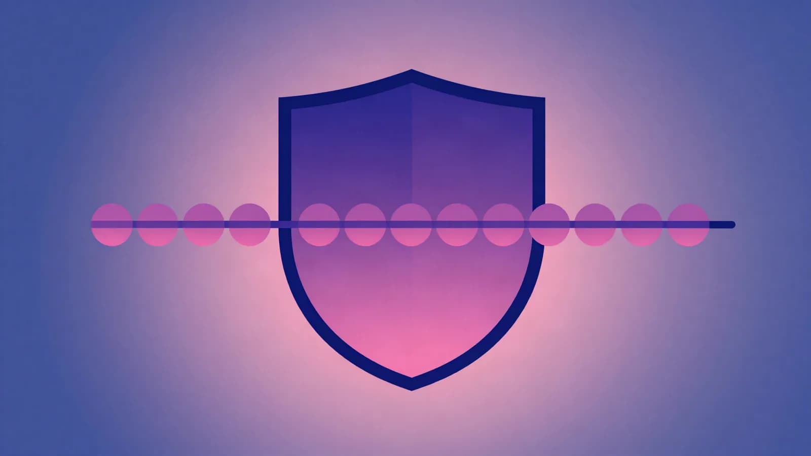 Ilustração de um escudo sobre uma fileira de círculos ligados por linhas finas, em tons de índigo, violeta e rosa