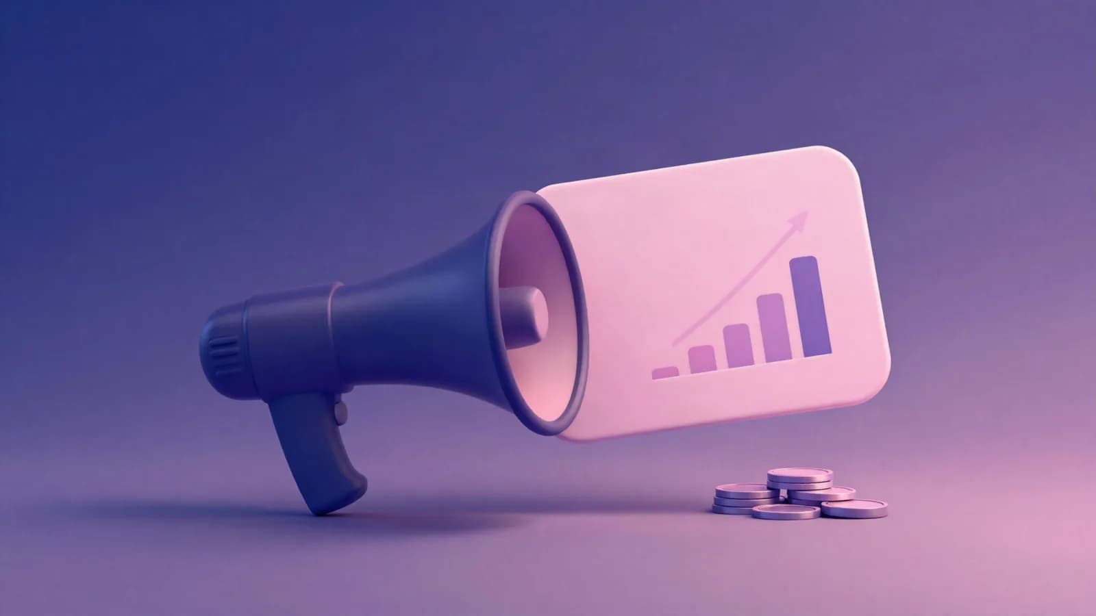 Ilustração de um megafone ao lado de um gráfico de barras e moedas, em tons de índigo, violeta e rosa