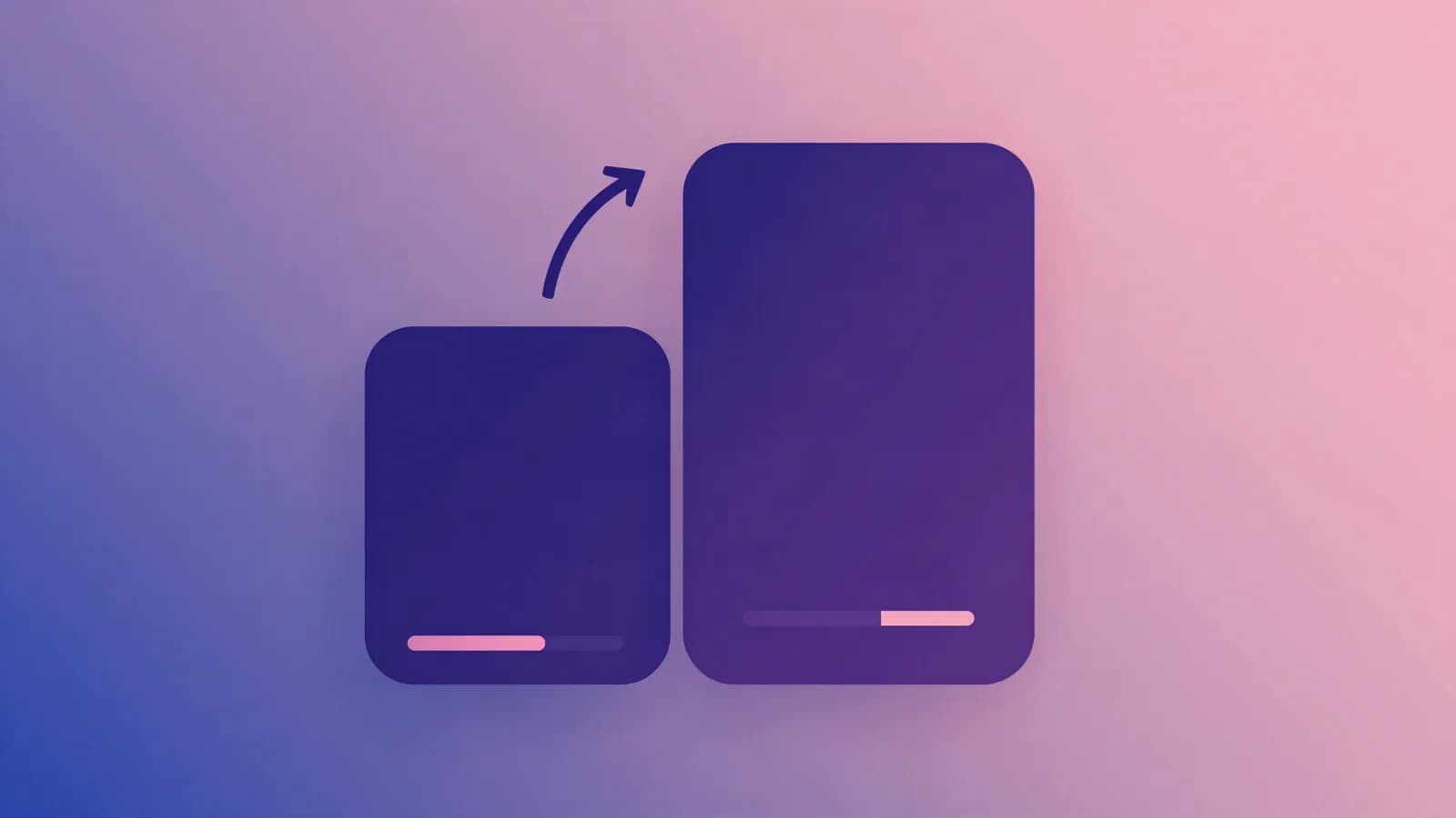 Ilustração de dois cartões retangulares de alturas diferentes ligados por uma seta curva apontando para o maior, em tons de índigo, violeta e rosa