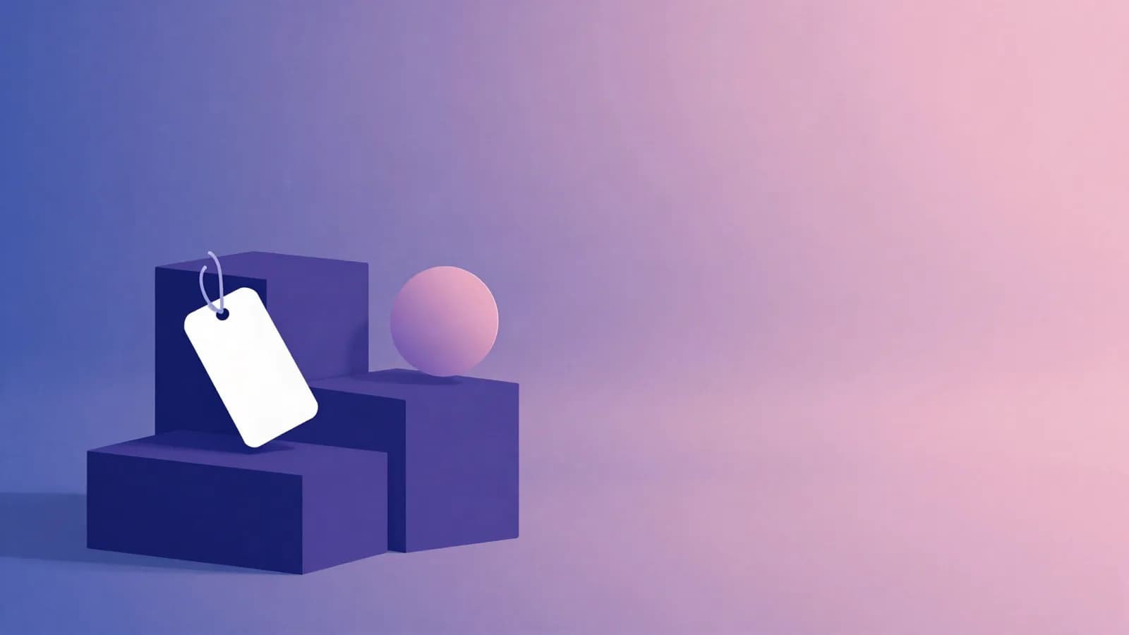 Ilustração de blocos formando dois degraus, com uma etiqueta de preço em branco pendurada e uma esfera rosa, em tons de índigo e violeta