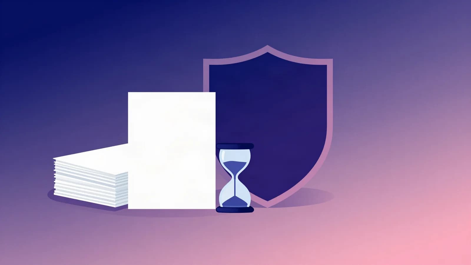 Ilustração de um escudo ao lado de uma pilha de folhas em branco e uma ampulheta, em tons de índigo, violeta e rosa