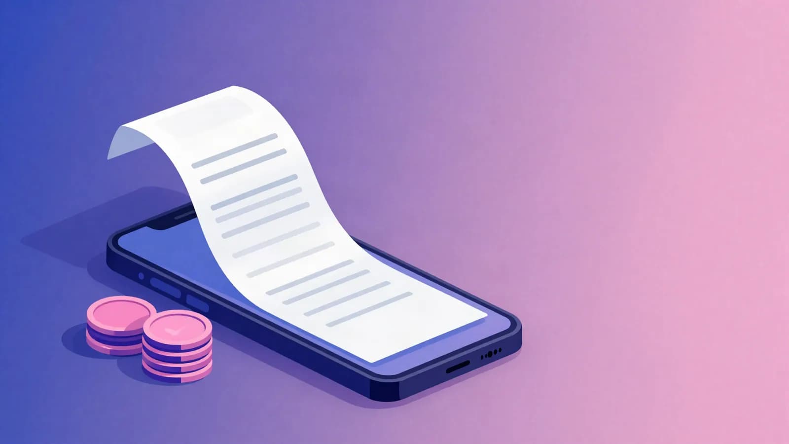Ilustração de um comprovante de papel saindo da tela de um celular, ao lado de duas pilhas de moedas, em tons de índigo, violeta e rosa