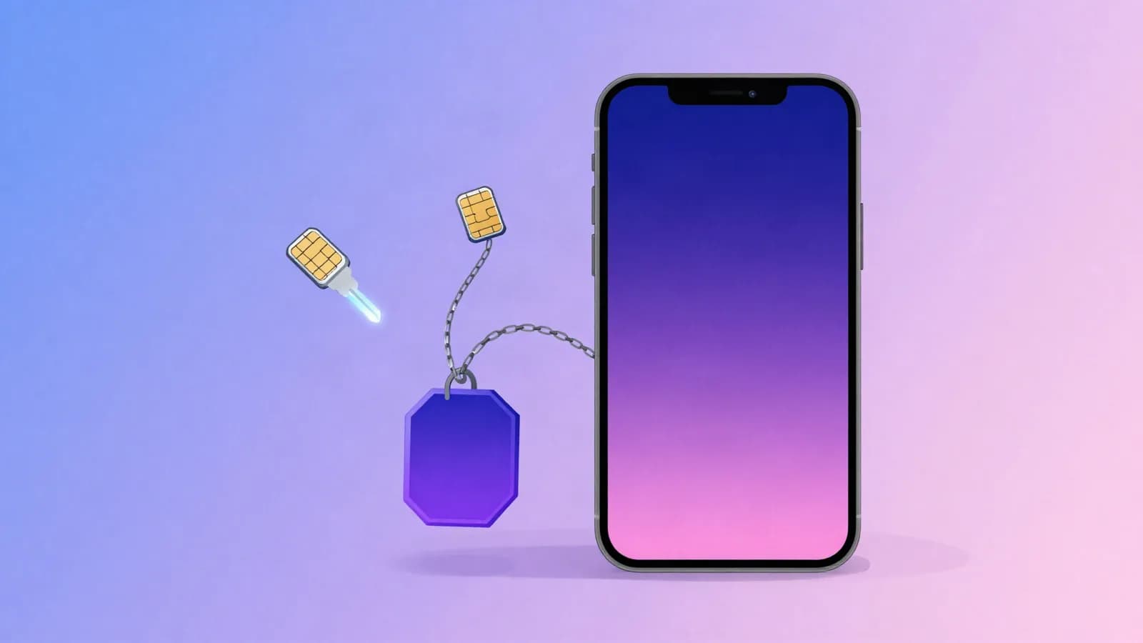 Ilustração de um celular ao lado de dois chips soltos e de uma chave digital presa por corrente a um pingente hexagonal, representando o acesso à conta ligado a uma carteira digital, em tons de índigo, violeta e rosa