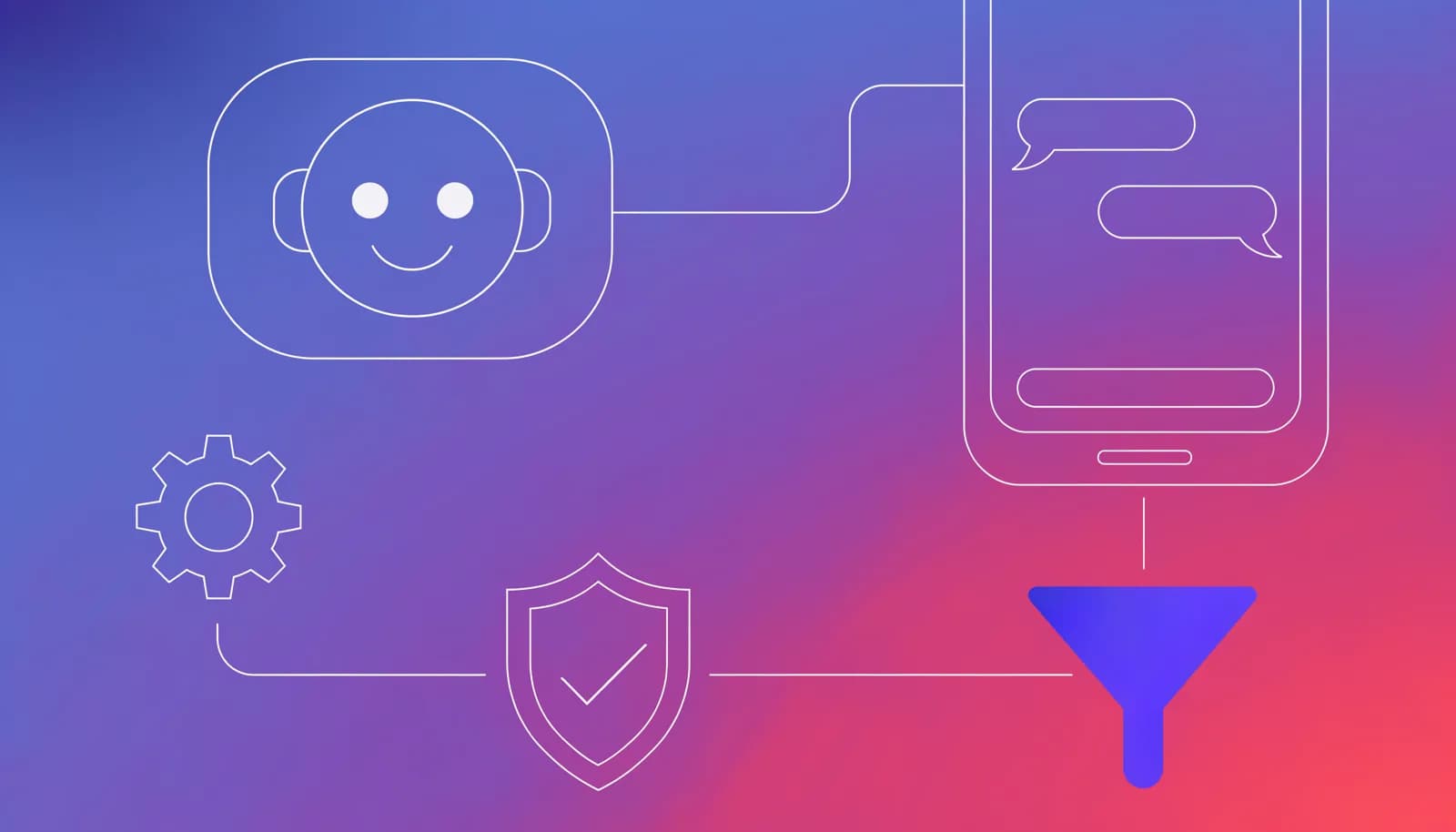 Ilustração de um balão de chat com ícone de robô conectado a um smartphone, um engrenagem e um funil, representando um bot de vendas automatizado no Telegram