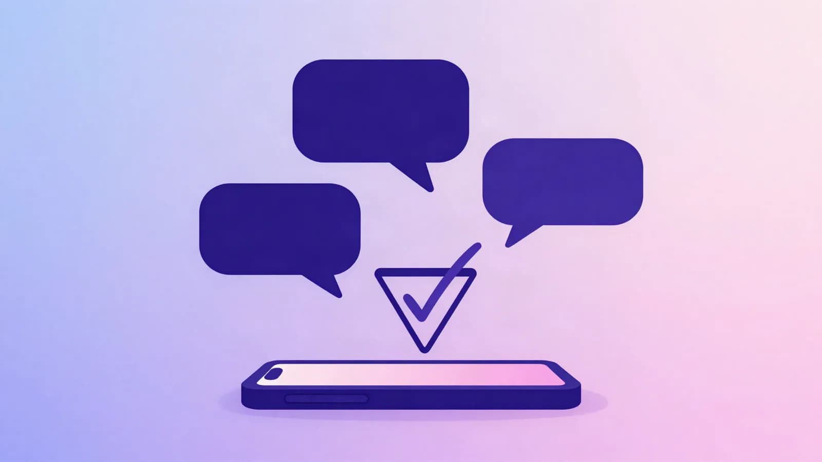 Ilustração de balões de conversa vazios sobre um celular, um deles virando um sinal de confirmação, representando objeções de venda respondidas