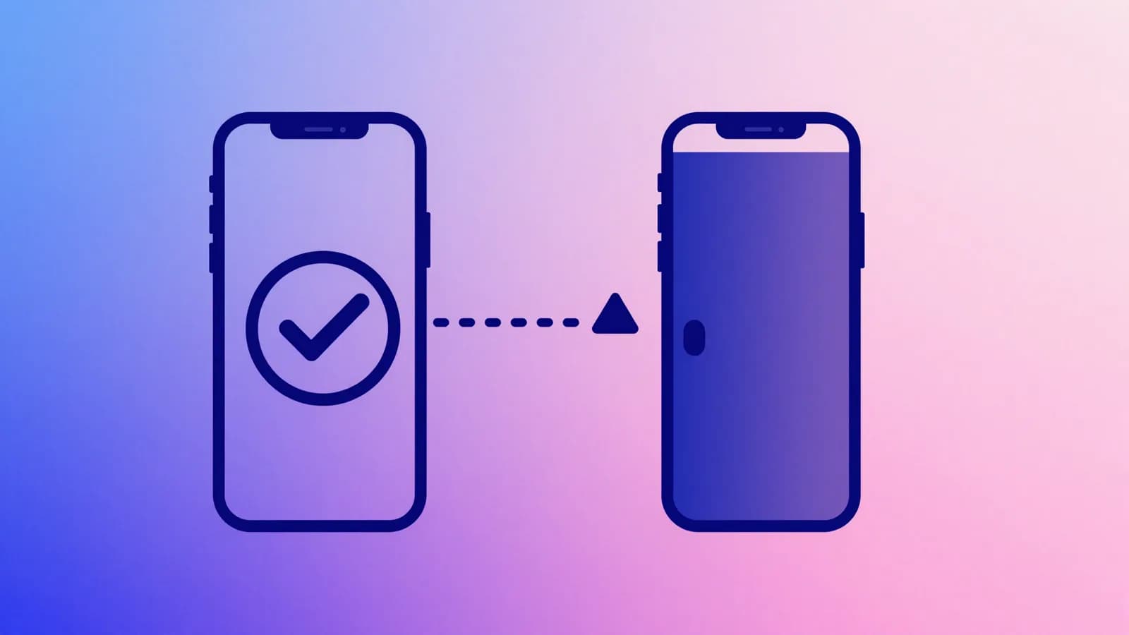 Ilustração de um celular com sinal de confirmação ligado por linha pontilhada a um segundo celular de tela bloqueada, com um alerta triangular entre eles, representando pagamento confirmado sem acesso liberado