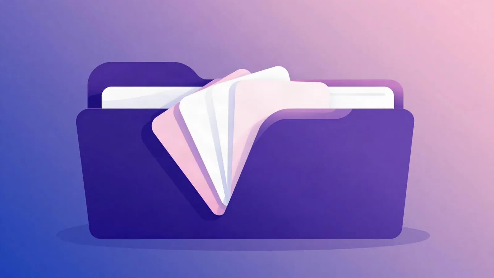 Ilustração de uma pasta aberta com vários cartões em leque saindo de dentro dela, em tons de índigo, violeta e rosa