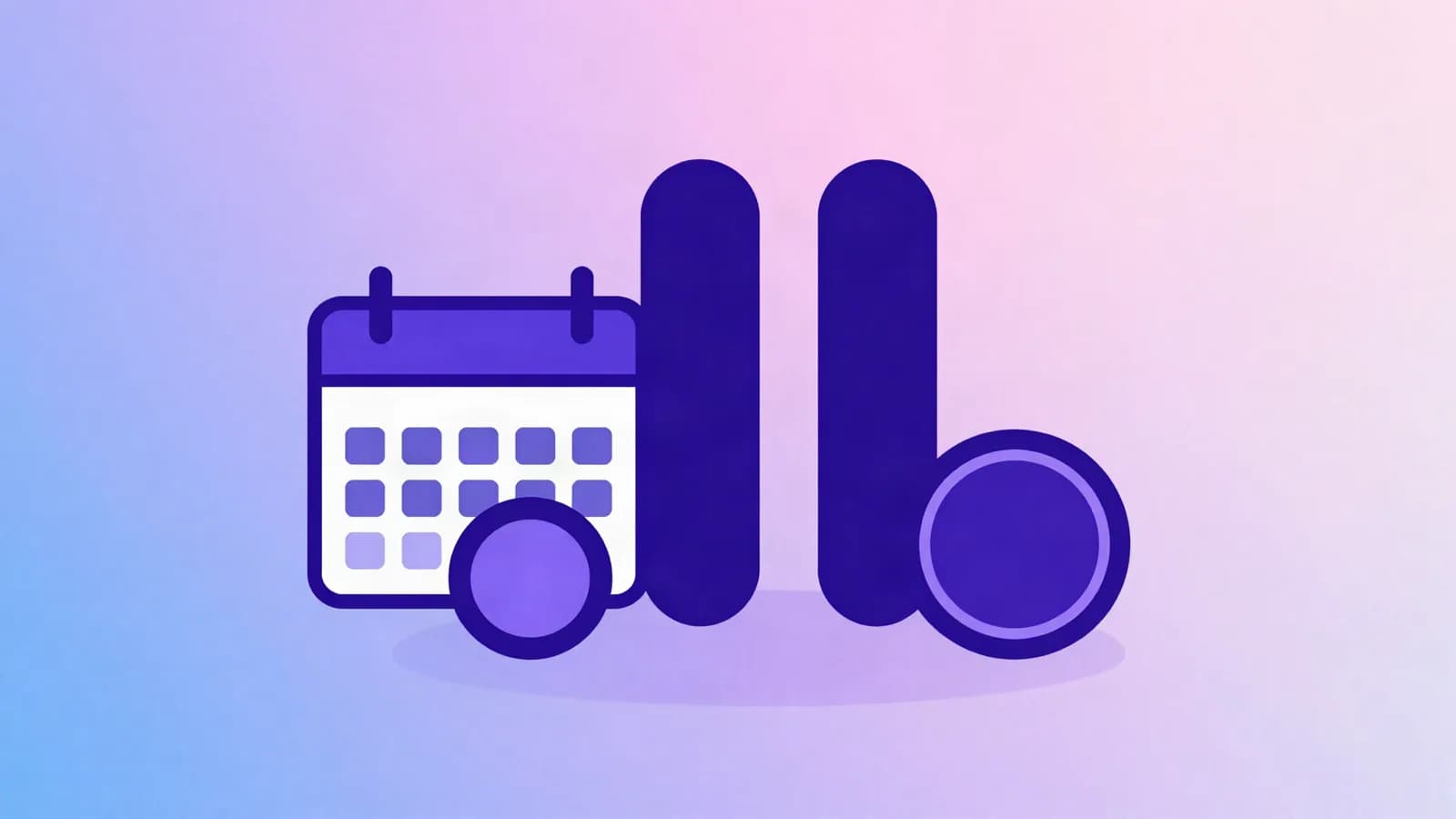 Ilustração de um botão de pausa ao lado de um calendário e de um ícone de moeda com seta circular, em tons de índigo, violeta e rosa