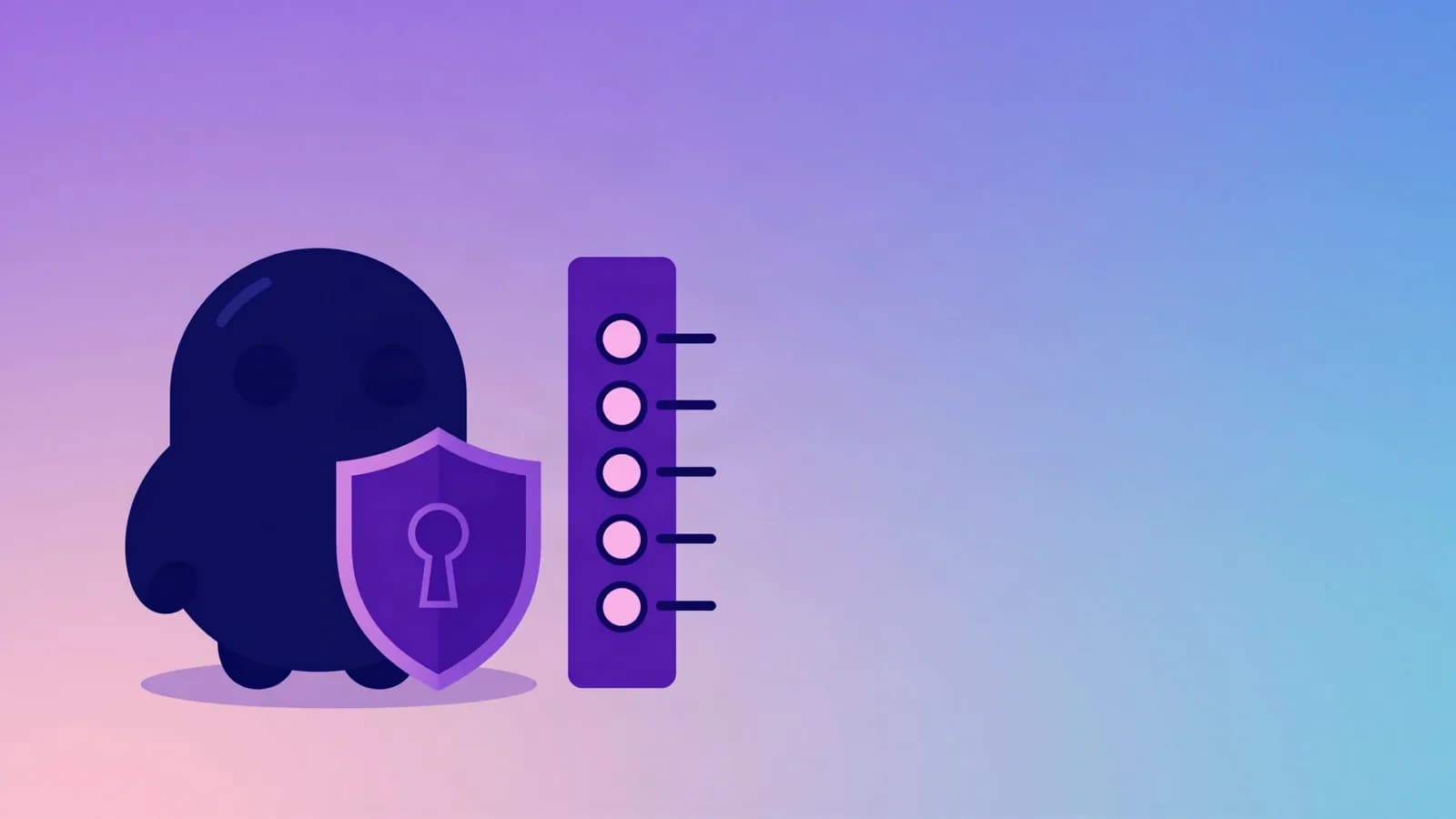 Ilustração de um robô arredondado ao lado de um escudo com fechadura e de uma coluna com cinco interruptores, em tons de índigo, violeta e rosa