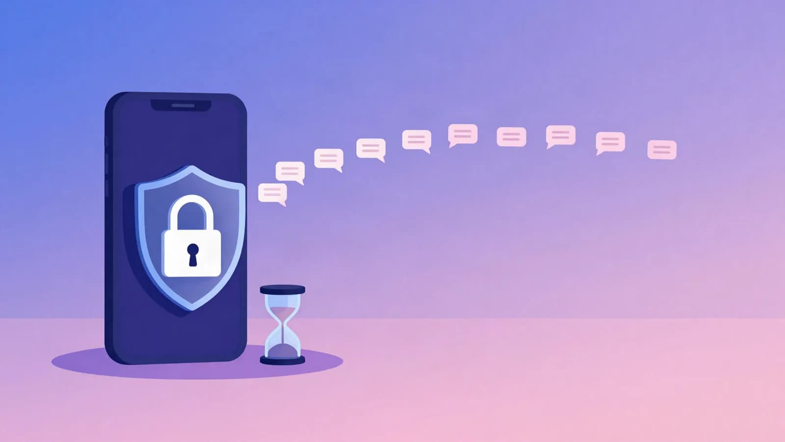 Ilustração de um celular protegido por um escudo com cadeado, seguido de longe por uma fila de balões de conversa, com uma ampulheta ao lado, em tons de índigo, violeta e rosa