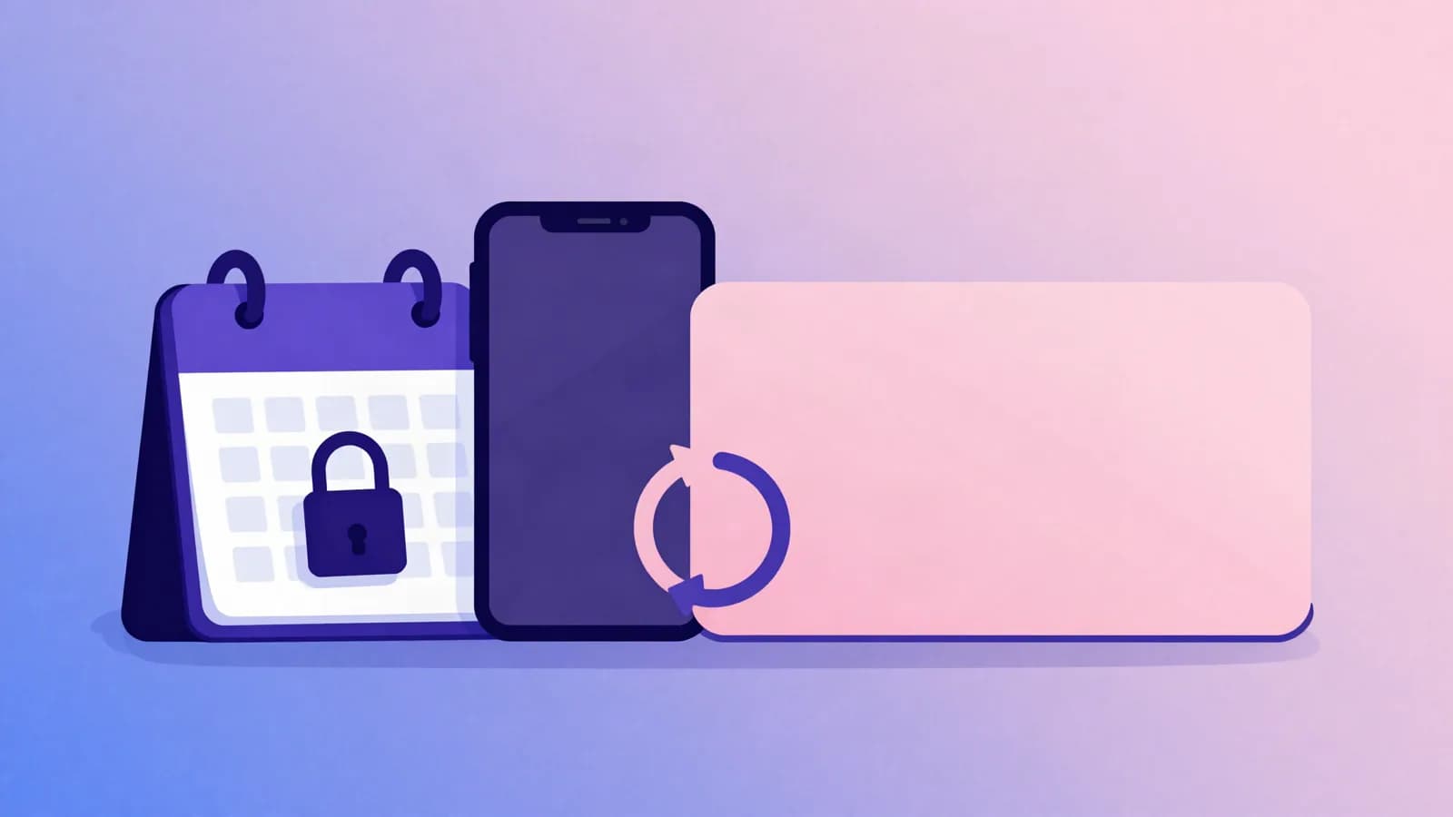 Ilustração de um calendário com um cadeado sobre ele, ao lado de um celular, de um cartão rosa arredondado e de uma seta circular de repetição, em tons de índigo, violeta e rosa