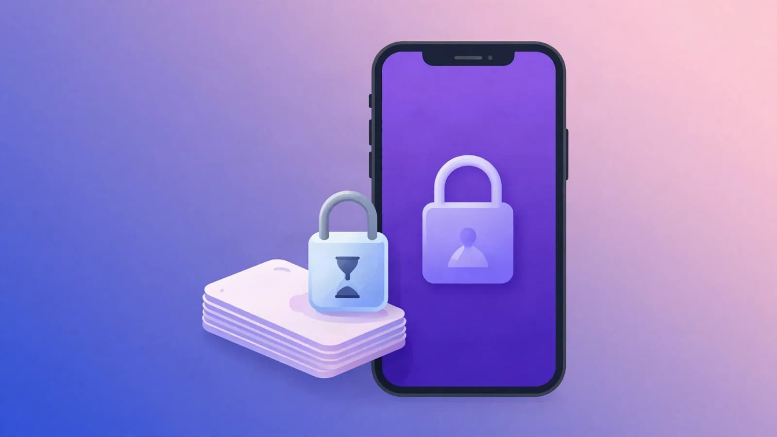 Ilustração de um celular com um cadeado na tela ao lado de uma pilha de cartões com um cadeado e uma ampulheta, representando um valor recebido e retido temporariamente, em tons de índigo, violeta e rosa