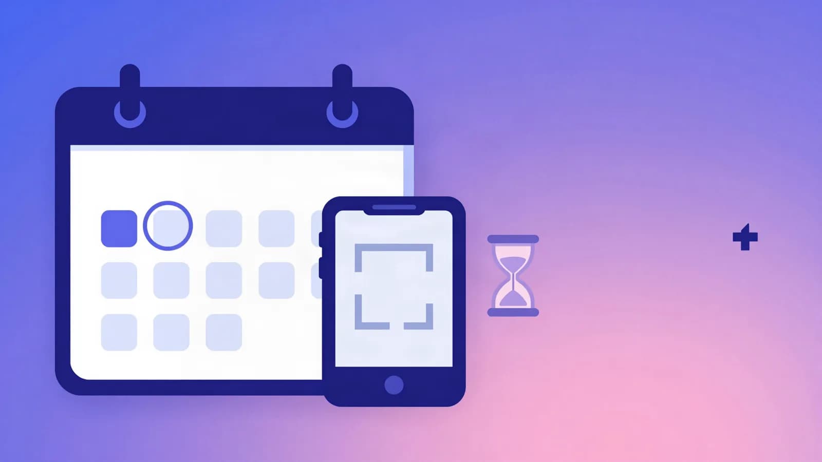 Ilustração de um calendário com um dia circulado, um celular com a moldura de leitura de código na tela e uma ampulheta, em tons de índigo, violeta e rosa