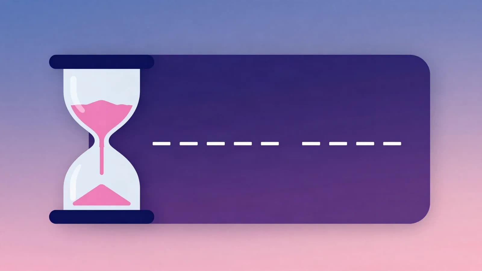 Ilustração de uma ampulheta ao lado de um cartão arredondado atravessado por uma linha tracejada, em tons de índigo, violeta e rosa