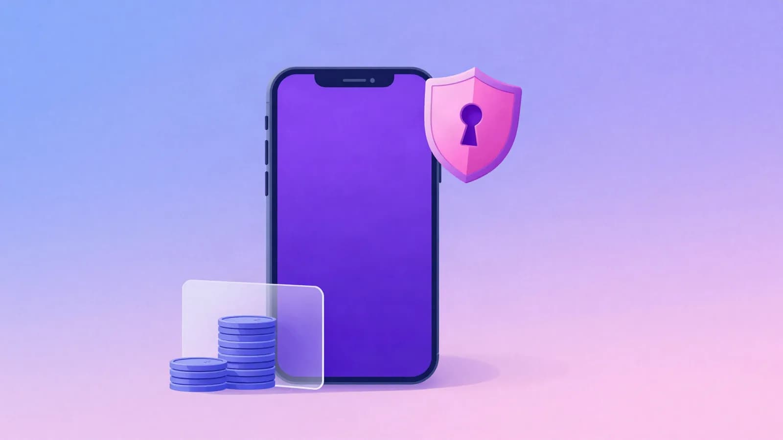 Ilustração de um celular ao lado de uma pilha de moedas bloqueada por uma barreira translúcida, com um escudo com fechadura acima, em tons de índigo, violeta e rosa