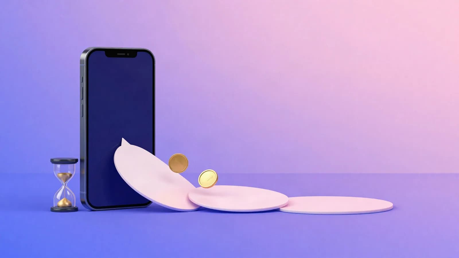 Ilustração de um celular ao lado de uma ampulheta, com moedas douradas caindo sobre discos claros, em tons de índigo, violeta e rosa