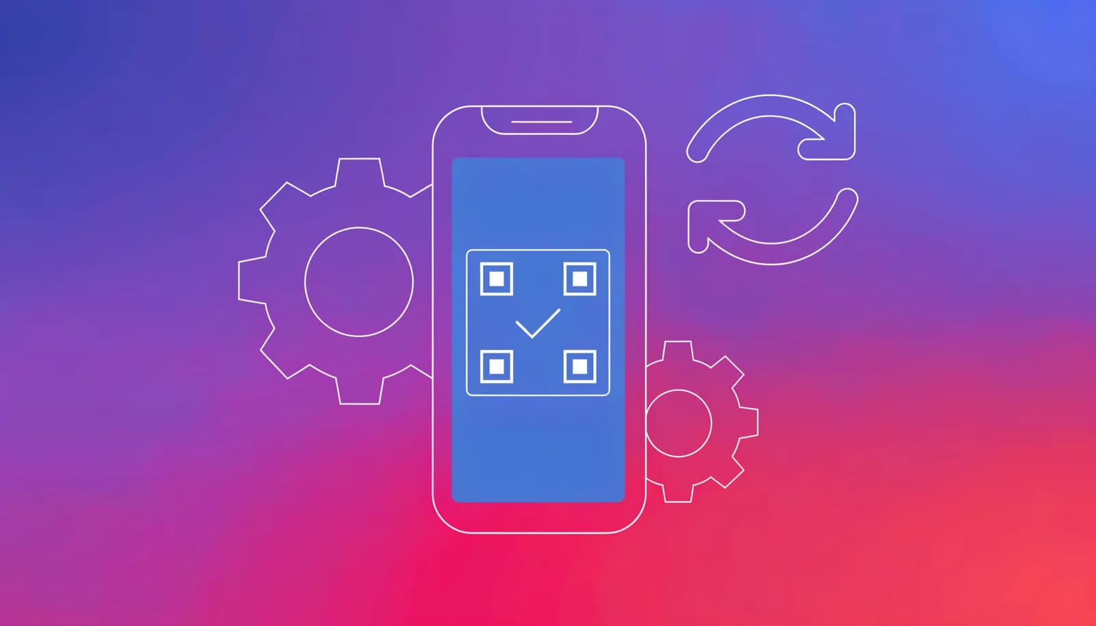 Ilustração de um celular com um QR code, engrenagens e uma seta circular representando a confirmação automática de um pagamento PIX