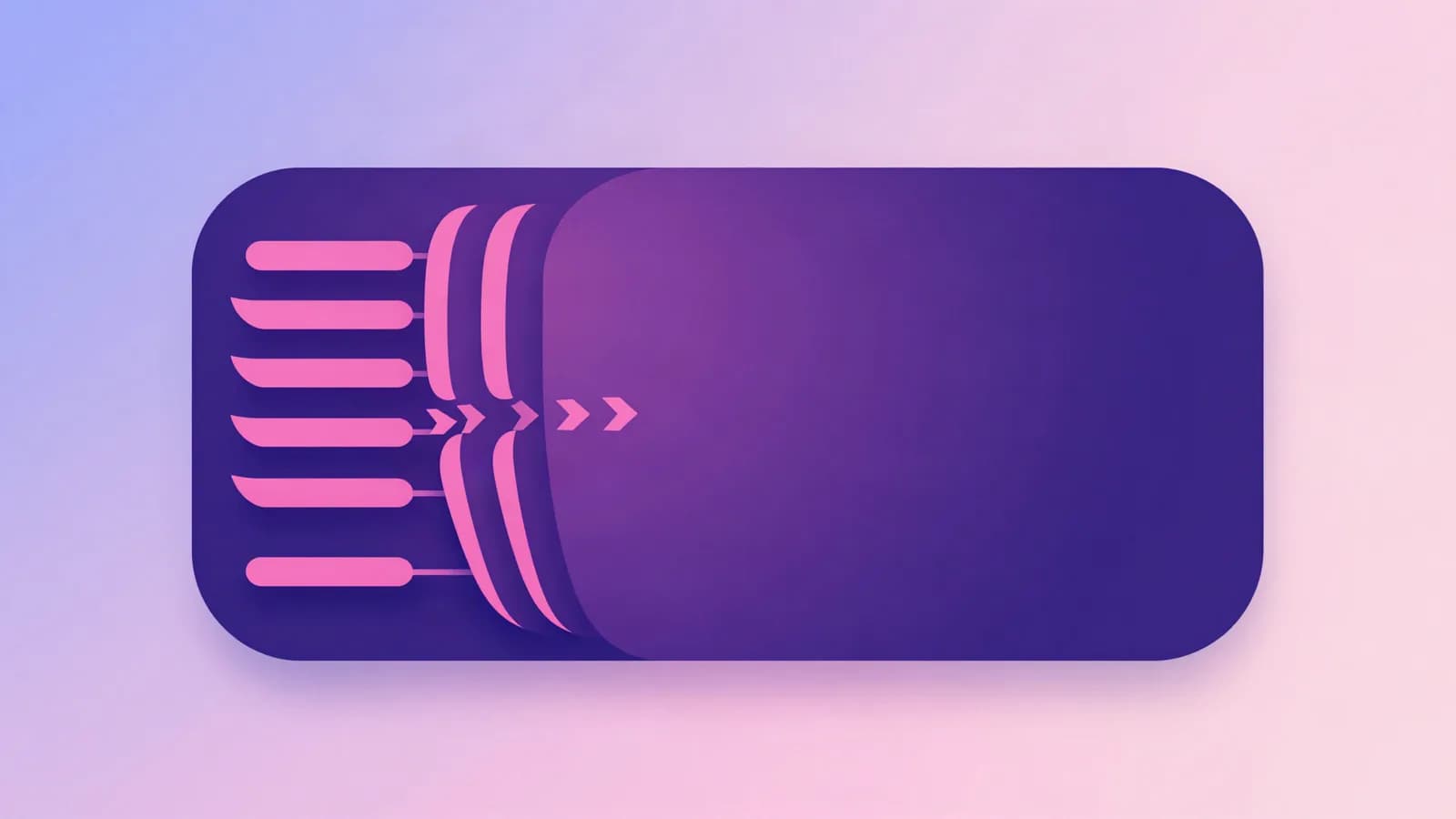 Ilustração de um cartão retangular grande se dividindo em seis faixas menores ligadas por setas, em tons de índigo, violeta e rosa