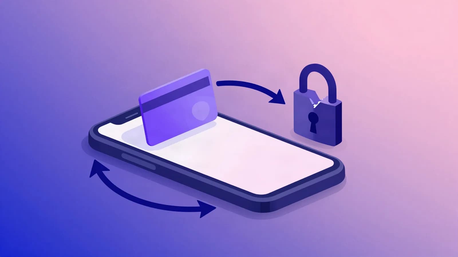 Ilustração de um celular com um cartão sobre a tela, uma seta curva de ida e volta ao redor do aparelho e outra seta que se afasta para um cadeado rachado, em tons de índigo, violeta e rosa