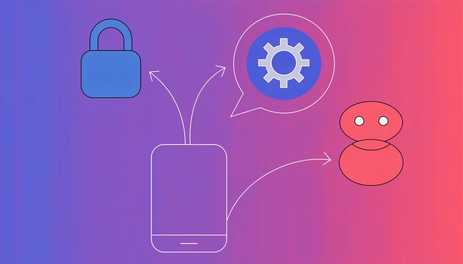 Ilustração de um celular com três caminhos se dividindo em um cadeado, um balão de chat com engrenagem e um robô, representando as três formas de vender no Telegram