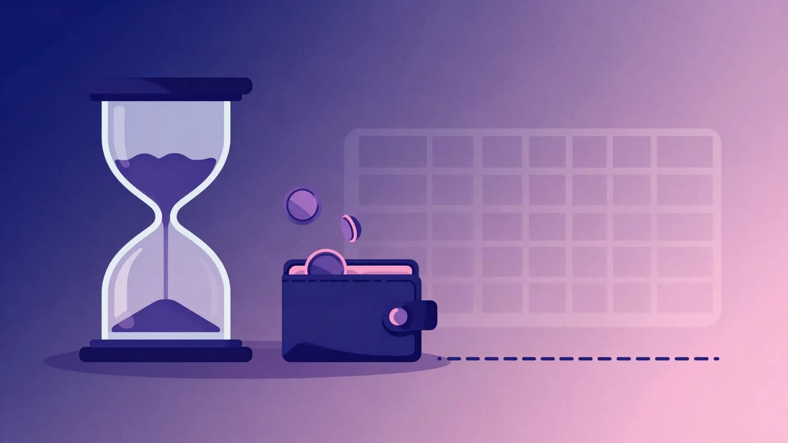 Ilustração de uma ampulheta ao lado de uma carteira recebendo moedas por um caminho pontilhado, com uma grade de calendário ao fundo