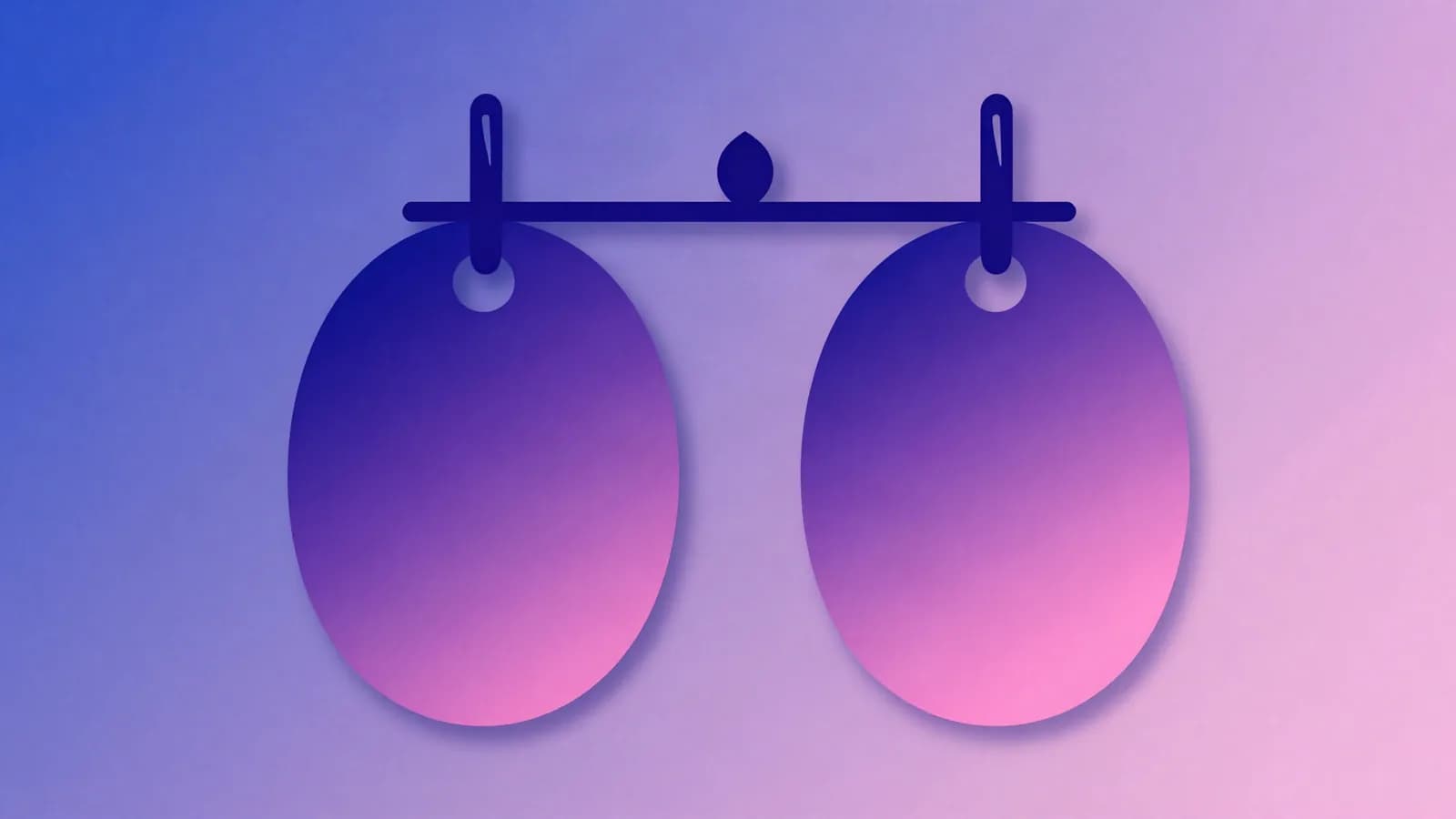 Ilustração de duas etiquetas ovais em branco penduradas lado a lado numa barra, em índigo, violeta e rosa