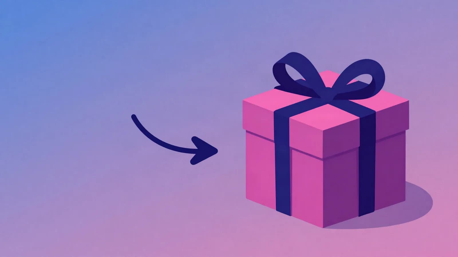 Ilustração de uma caixa de presente rosa com laço índigo e uma seta curva apontando para ela, sobre fundo em degradê violeta e rosa