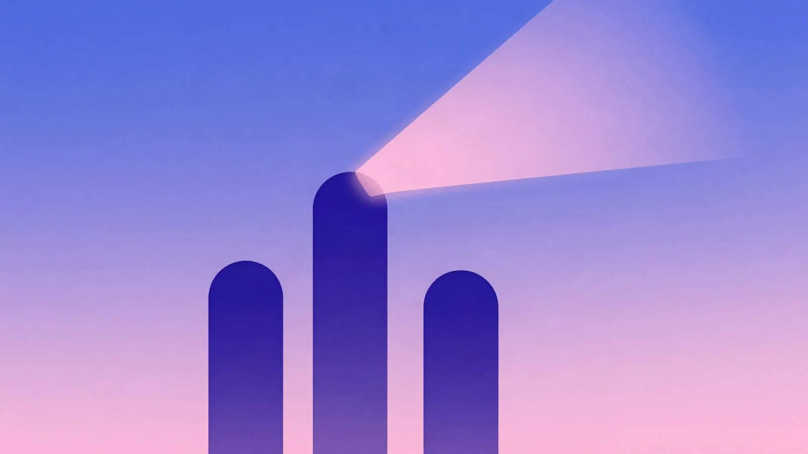 Ilustração de três barras arredondadas em índigo com um facho de luz que se abre para a direita, sobre fundo em degradê violeta e rosa