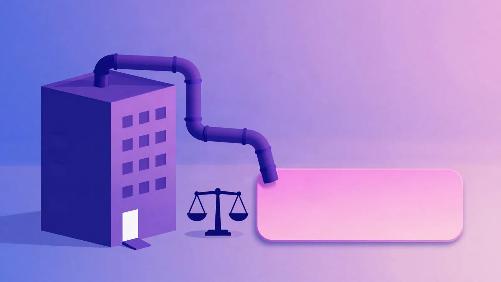 Ilustração de um prédio geométrico com um cano saindo do topo e desembocando em um cartão arredondado rosa, com uma balança entre os dois