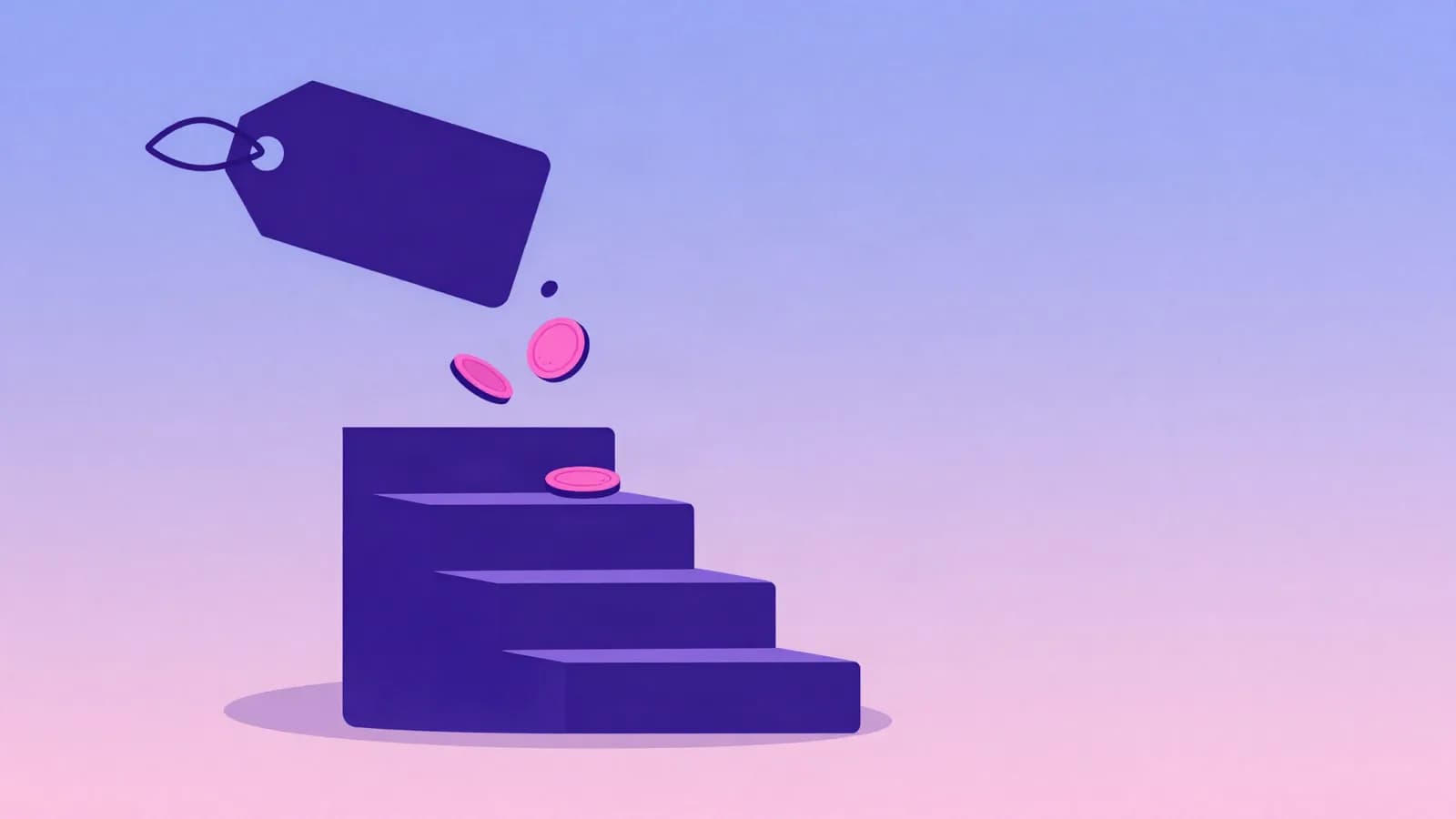 Ilustração de uma etiqueta de preço com moedas caindo sobre uma escada de blocos em tons de violeta e rosa