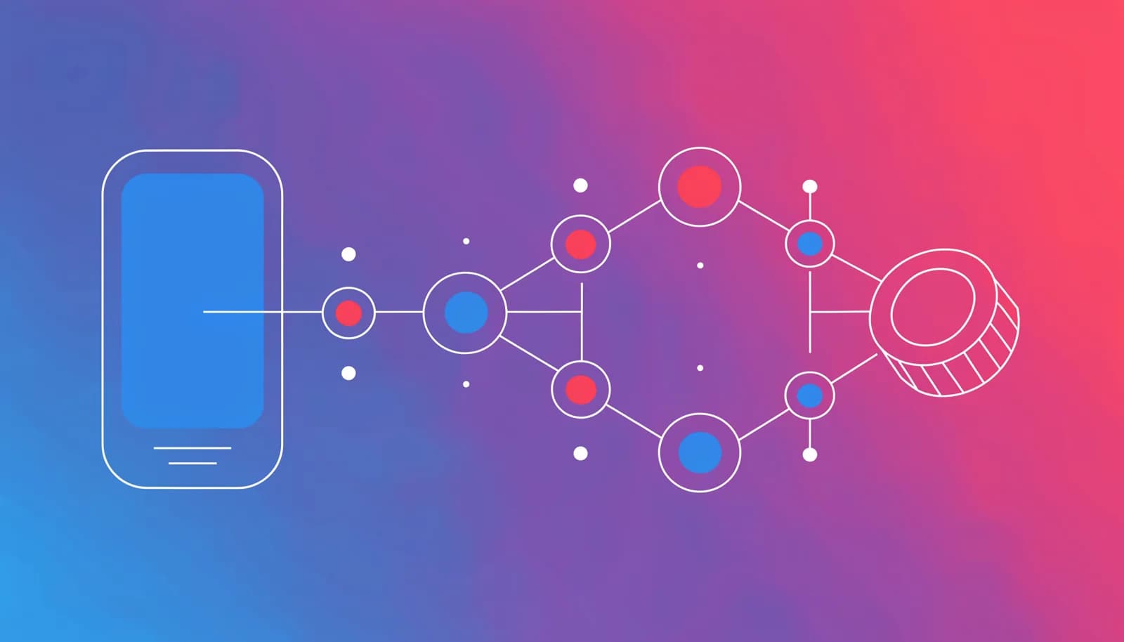 Ilustração de um link de indicação conectando um celular a um ícone de moeda de comissão, representando um programa de indicação de vendas no Telegram