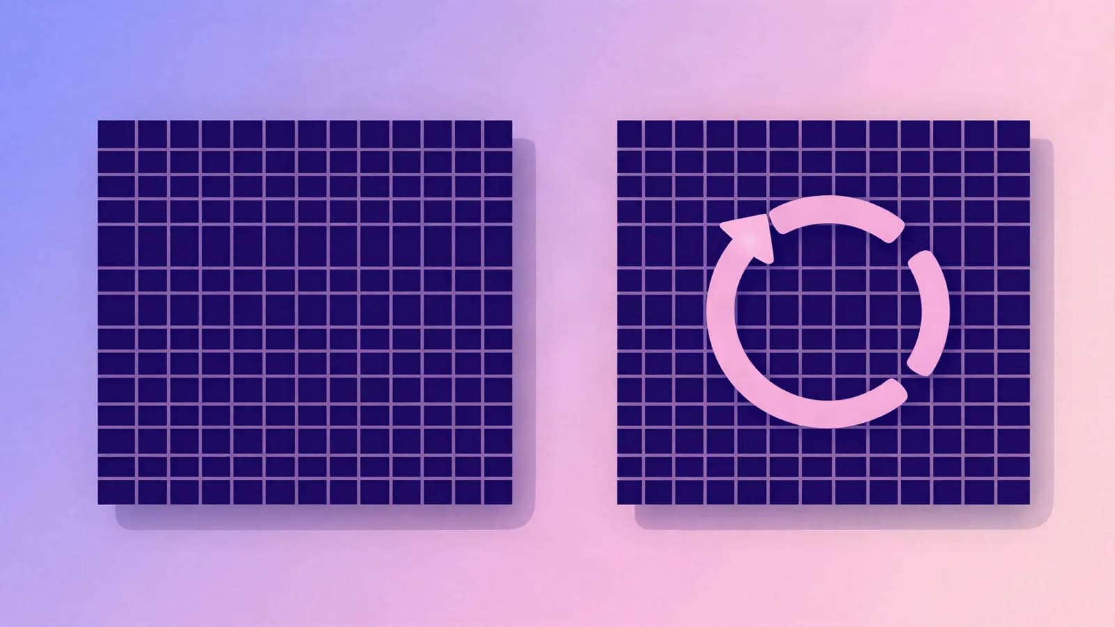 Ilustração de dois painéis quadriculados lado a lado, o da esquerda estático e o da direita com uma seta circular ao centro, em tons de índigo, violeta e rosa