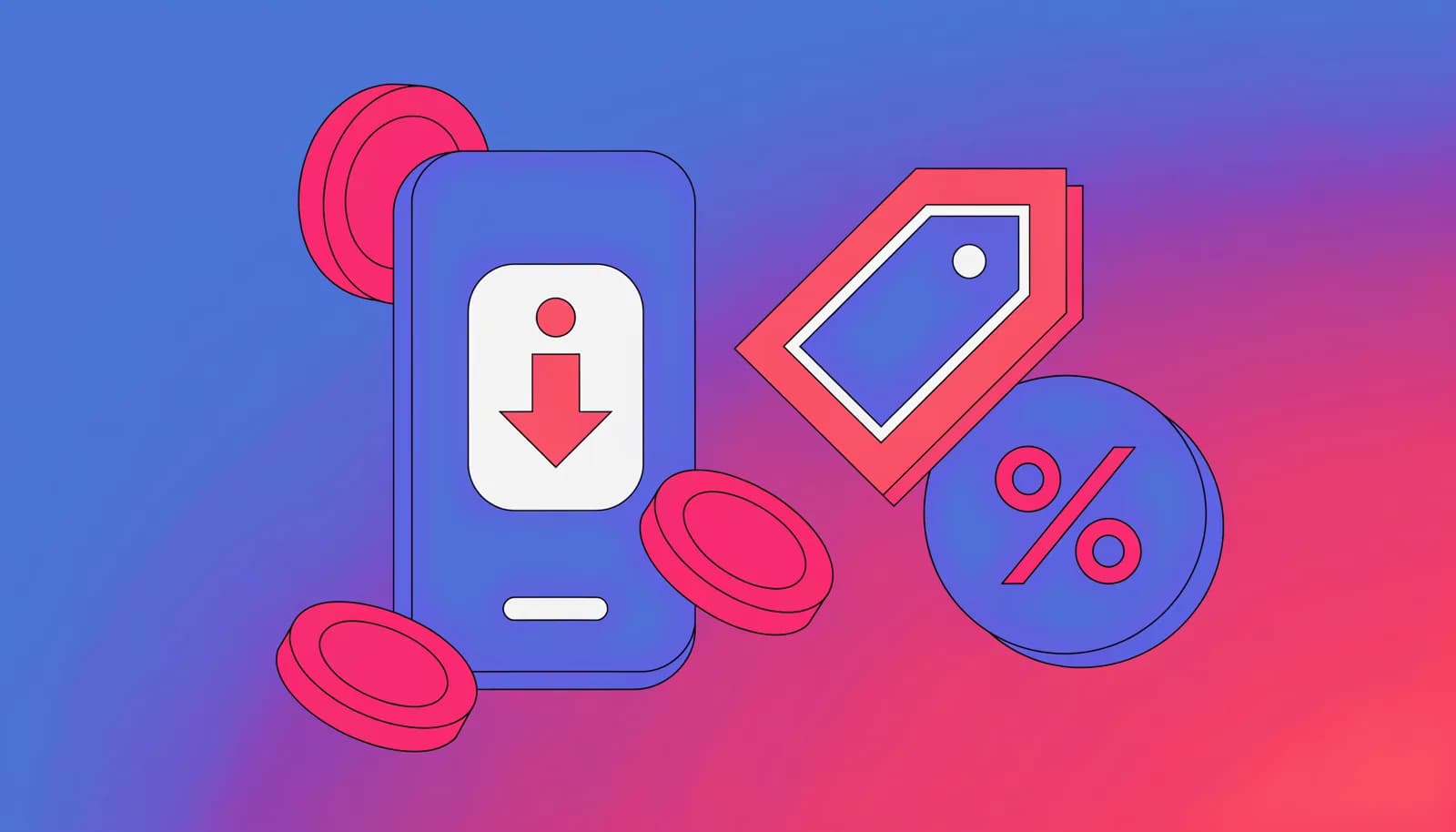 Ilustração de um celular com transferência de pagamento, moedas, uma etiqueta de preço fixo e um símbolo de porcentagem, representando o custo de vender no Telegram