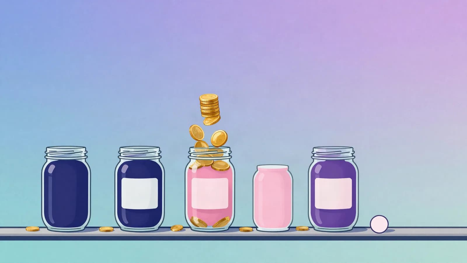 Ilustração de potes de vidro alinhados numa prateleira, com moedas caindo de uma pilha dentro de um deles, em tons de índigo, violeta e rosa