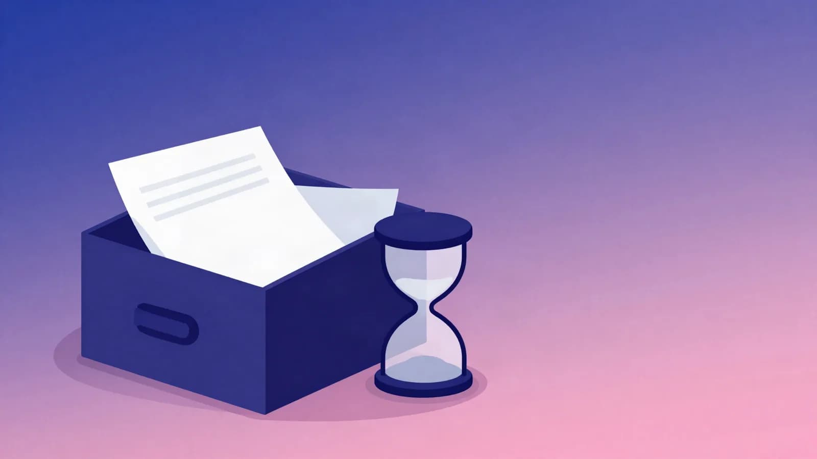 Ilustração de uma caixa de arquivo com folhas de papel e uma ampulheta ao lado, em tons de índigo, violeta e rosa