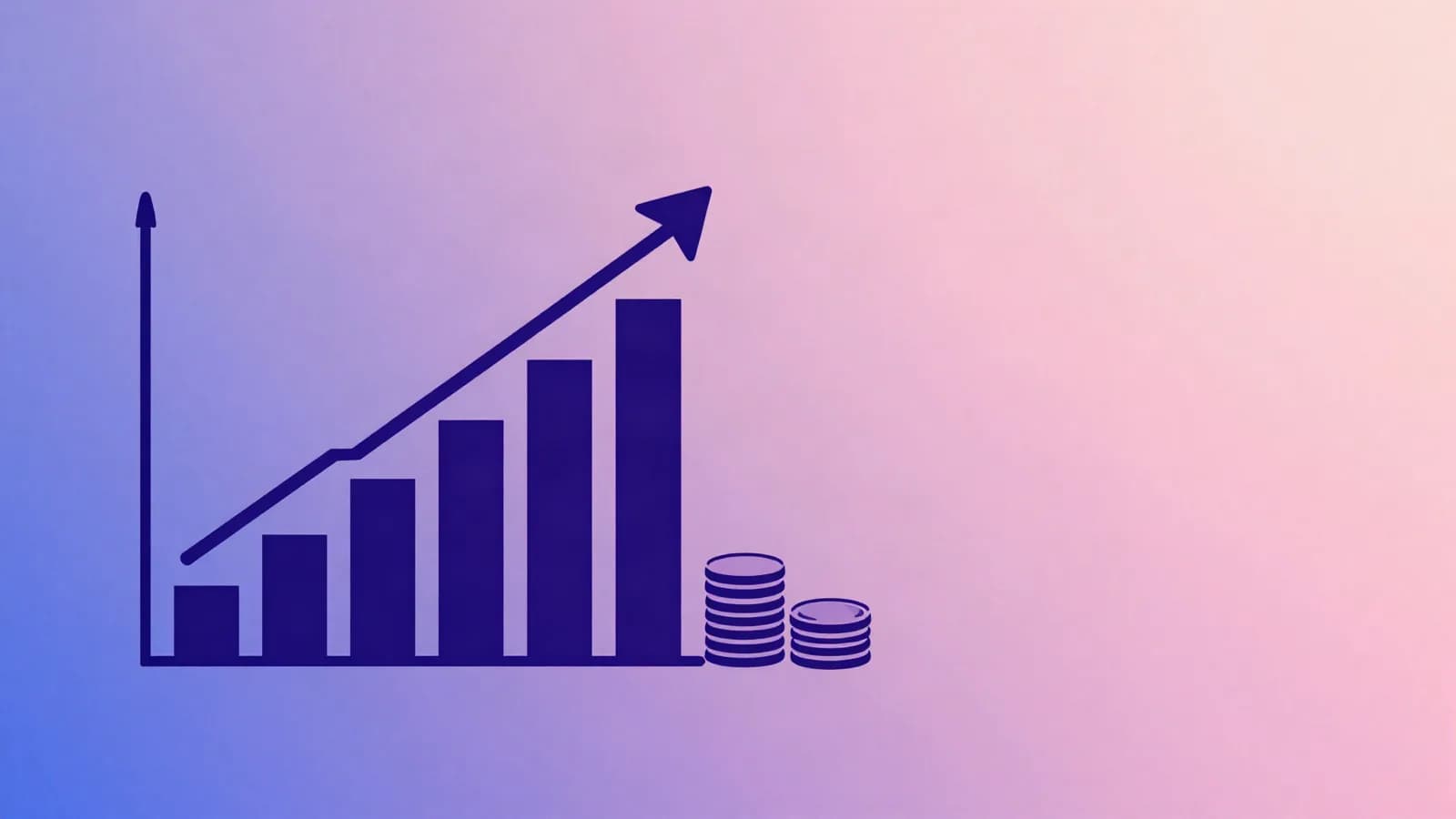 Ilustração de um gráfico de barras crescente com uma seta para cima ao lado de pilhas de moedas, em tons de índigo, violeta e rosa